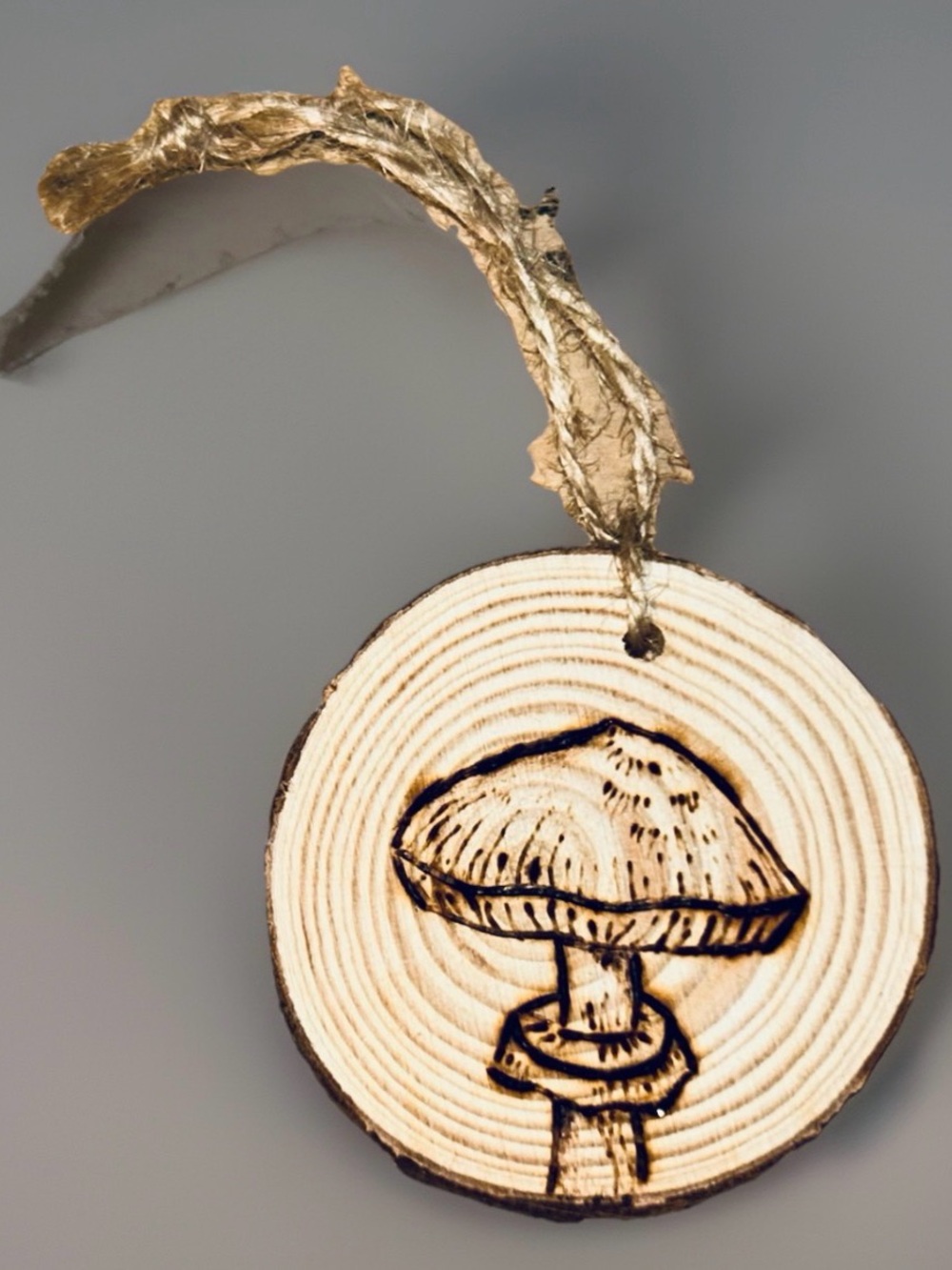 2.5” Hand Burned Pyrography Ornament “Shroom” Mushroom Wood Burnt Design